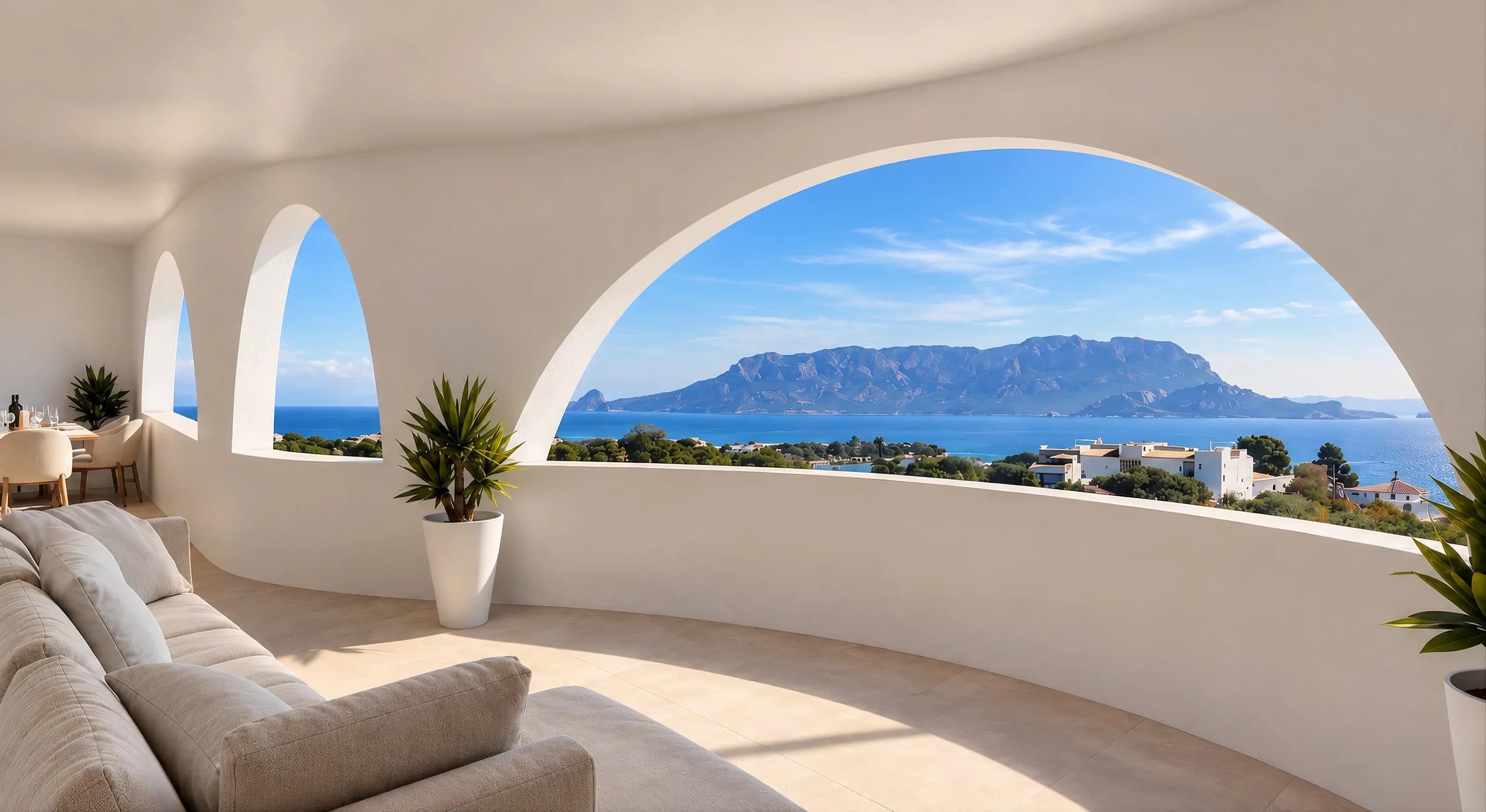 Living room with wide arched openings looking out over the gulf, in a villa in northern Sardinia