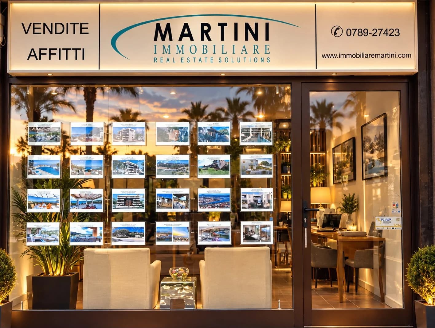 Shopfront of the Immobiliare Martini estate agency at Centro Martini in Olbia, Sardinia