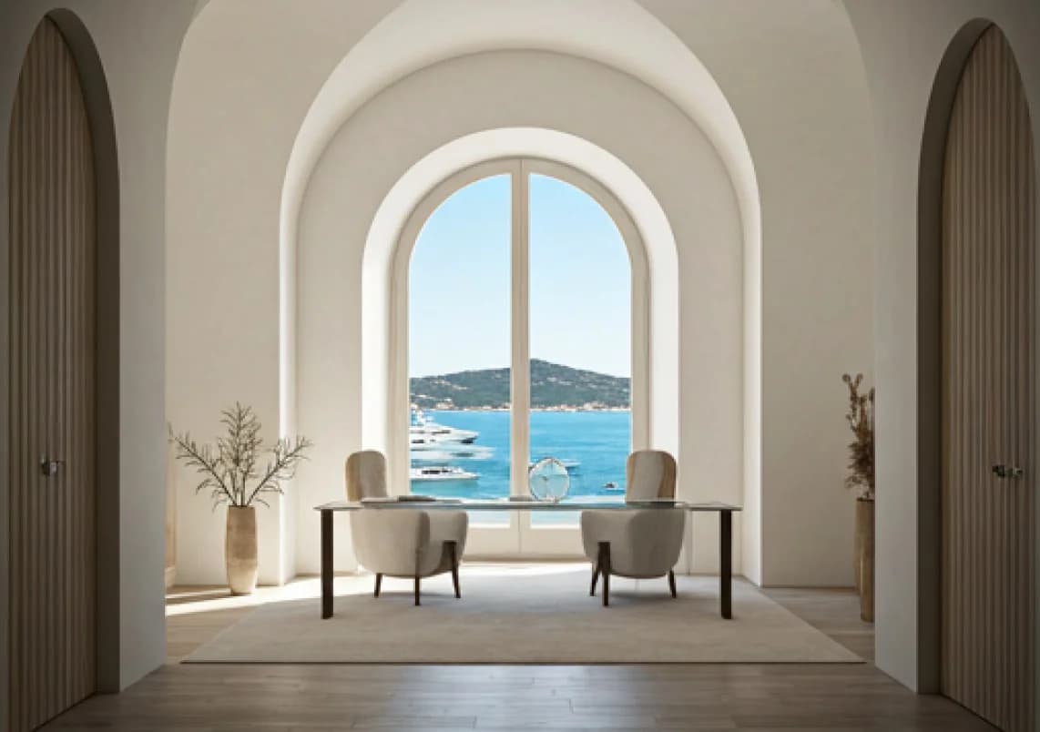 Interno dell’ufficio Immobiliare Martini a Porto Cervo, sulla Costa Smeralda, con vista sul mare