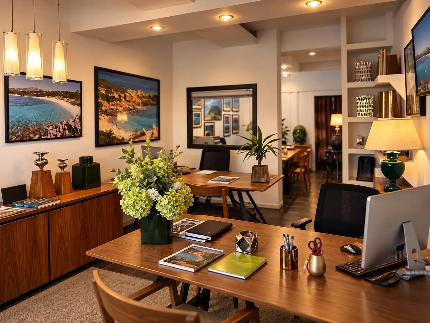 Inside the Immobiliare Martini agency in Porto Cervo, Costa Smeralda: wooden desks, a vase of hydrangeas and framed photographs of Sardinian beaches under warm lighting