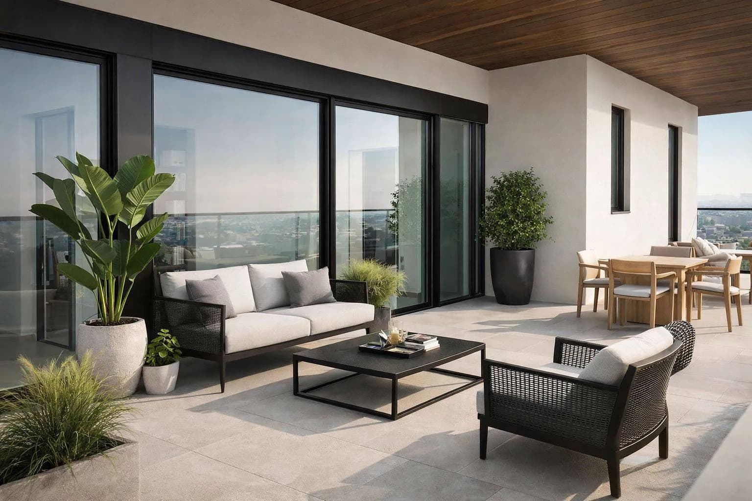 Terrazza di un attico di lusso in Sardegna, con vista sulla città e sul mare